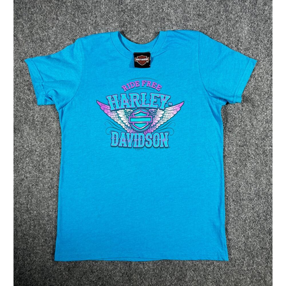 Harley Davidson Blue T-Shirt Ride Free Wings Shirt 2021 Youth Medium